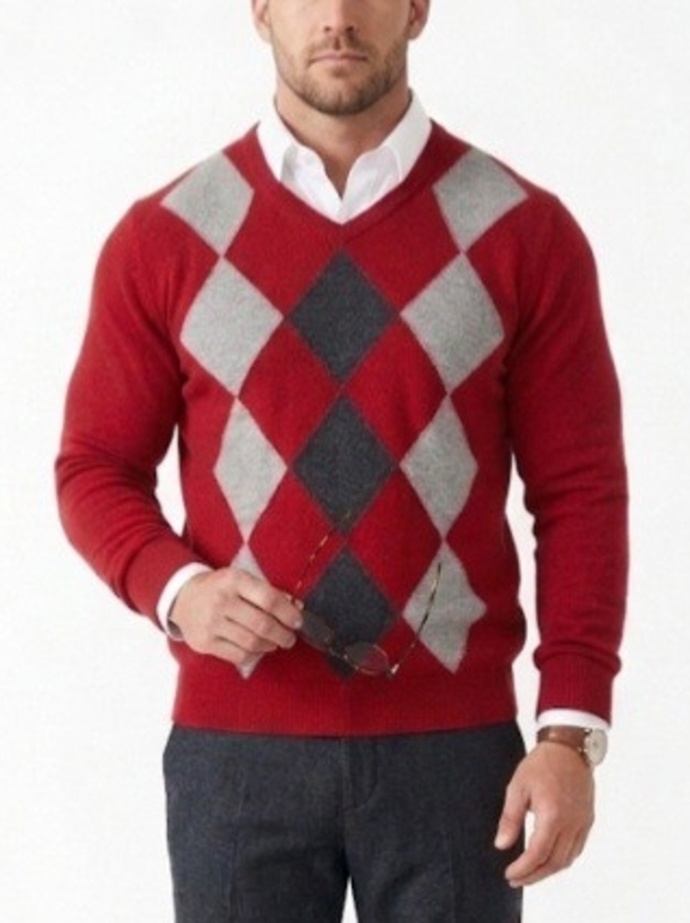 Apt. 9 Men's 100% Cashmere Argyle V-Neck Sweater Red Gray - Size L
